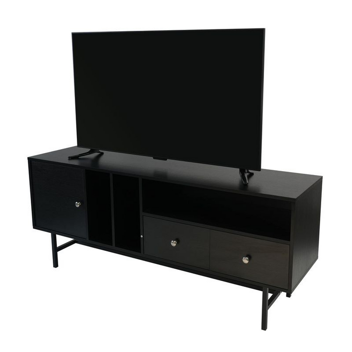 LeisureMod Rochester Modern Rectangular TV Stand with Enclosed Storage and Powder Coated Iron Legs Ebony Angled View.