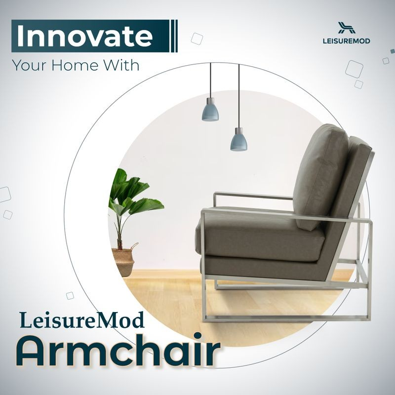 LeisureMod Jefferson Faux Leather Modern Design Accent Armchair with Elegant Silver Frame Grey Innovation.