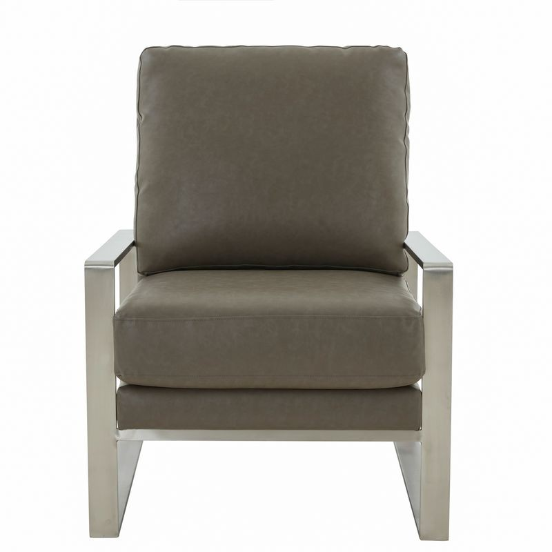 LeisureMod Jefferson Faux Leather Modern Design Accent Armchair with Elegant Silver Frame Grey Front.