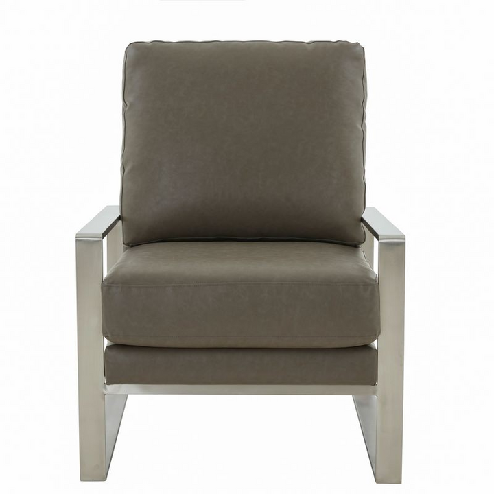 LeisureMod Jefferson Faux Leather Modern Design Accent Armchair with Elegant Silver Frame Grey Front.