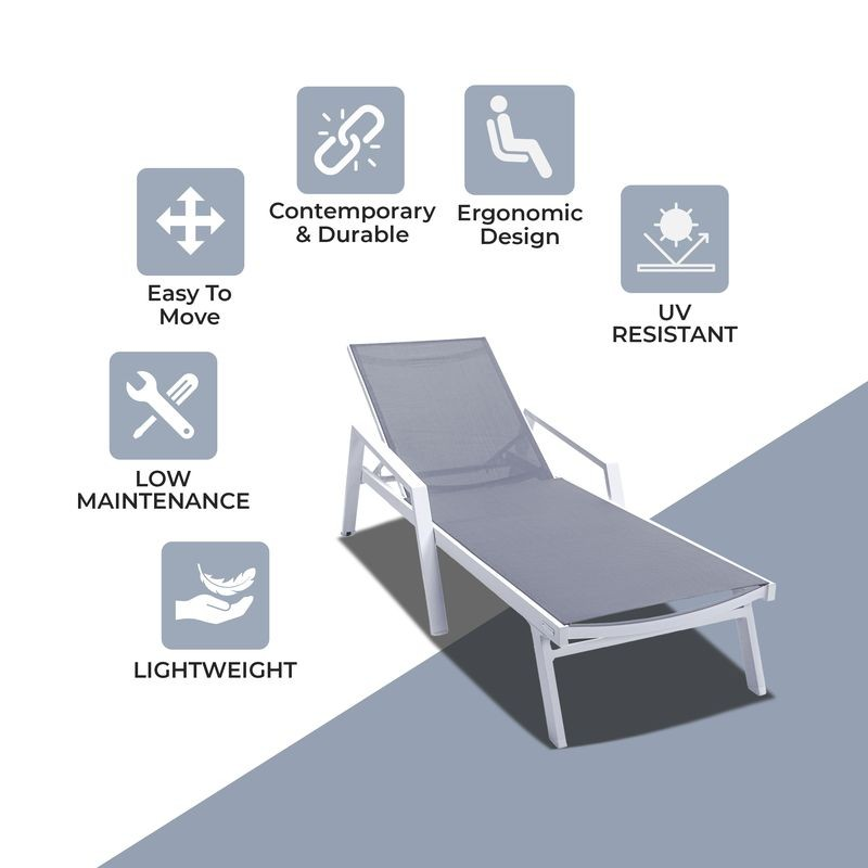 LeisureMod Marlin Patio Chaise Lounge Chair with Armrests in White Aluminum Frame Dark Grey Description.
