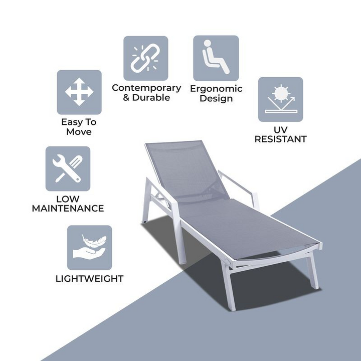 LeisureMod Marlin Patio Chaise Lounge Chair with Armrests in White Aluminum Frame Dark Grey Description.