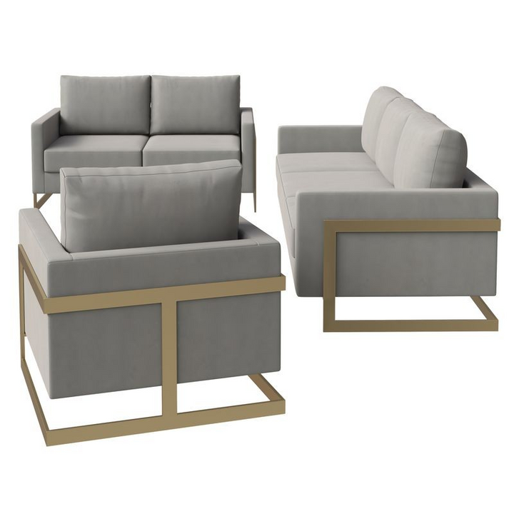 LeisureMod Lincoln 3-Piece Velvet Living Room Sofa Set with Gold Frame 3 Pieces.