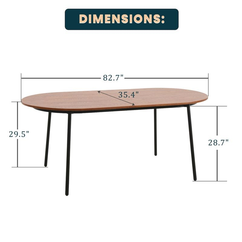 LeisureMod Tule Modern 83" Oval Dining Table with MDF Top and Black Steel Legs in Walnut Dimensions.