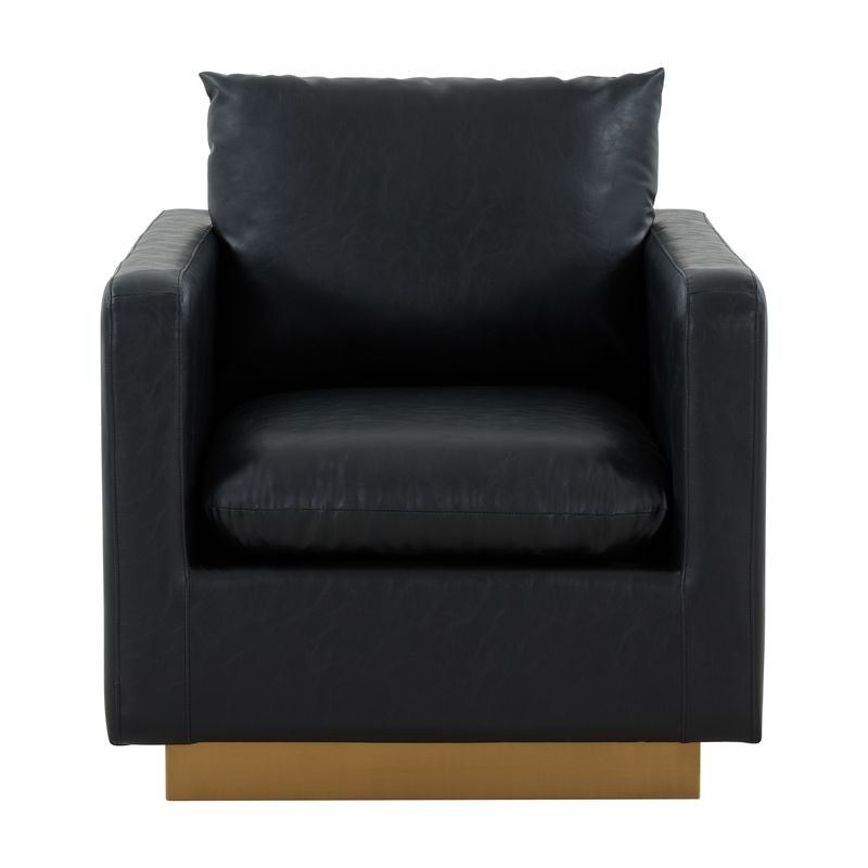 LeisureMod Nervo Faux Leather Accent Armchair with Gold Frame Black Front View.