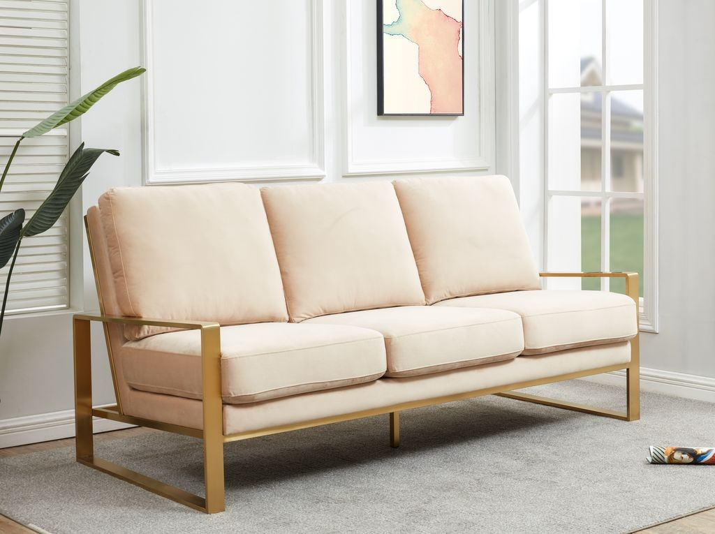 LeisureMod Jefferson Contemporary Modern Design Velvet Sofa with Gold Frame with Background.