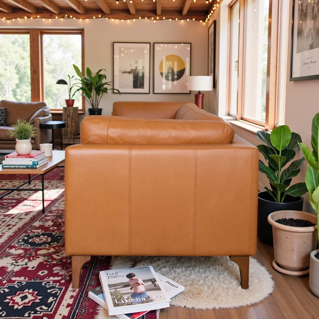 Bellrose Mid-Century Modern Genuine Leather Sofa Side View.