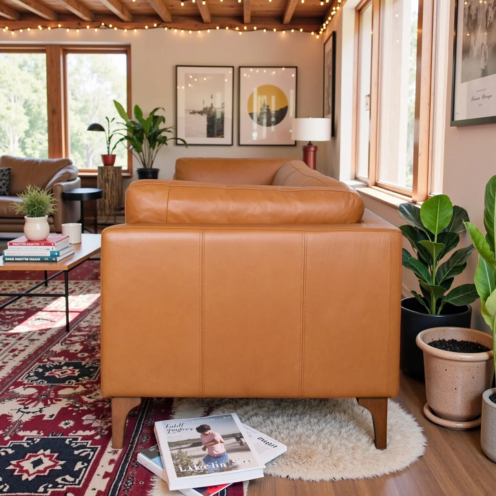 Bellrose Mid-Century Modern Genuine Leather Sofa Side View.
