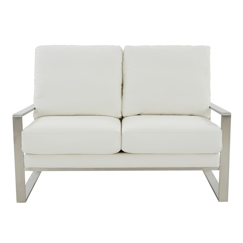 Leisuremod Jefferson Contemporary Modern Faux Leather Loveseat with Silver Frame White Front View.