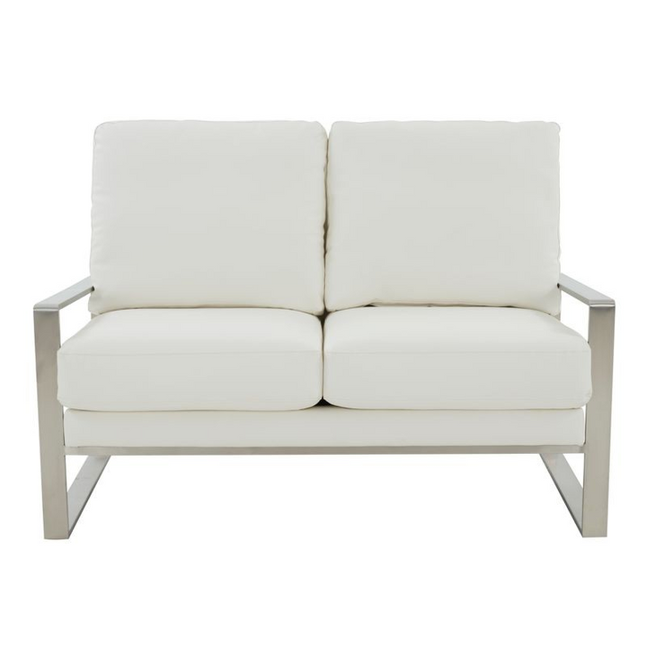 Leisuremod Jefferson Contemporary Modern Faux Leather Loveseat with Silver Frame White Front View.