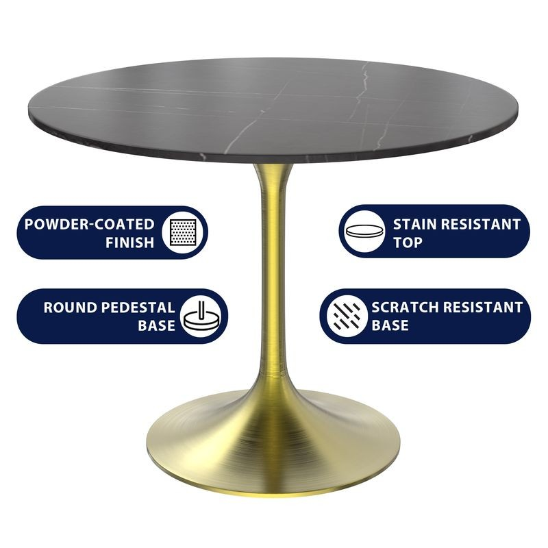 LeisureMod Verve Collection 36 Round Dining Table, Brushed Gold Base with Sintered Stone Black Top Details.