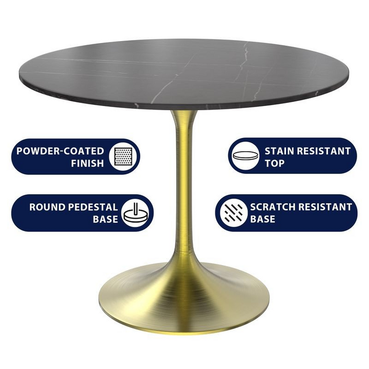 LeisureMod Verve Collection 36 Round Dining Table, Brushed Gold Base with Sintered Stone Black Top Details.