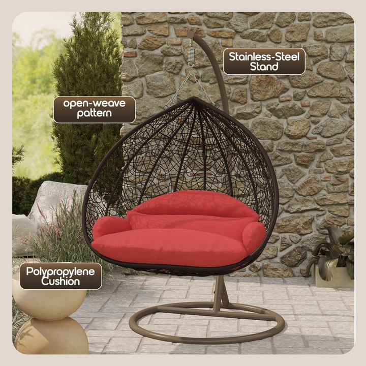 Leisuremod Recluse Collection Modern Outdoor Swing Chair Brown Frame with ES57 Red Cushion Description.