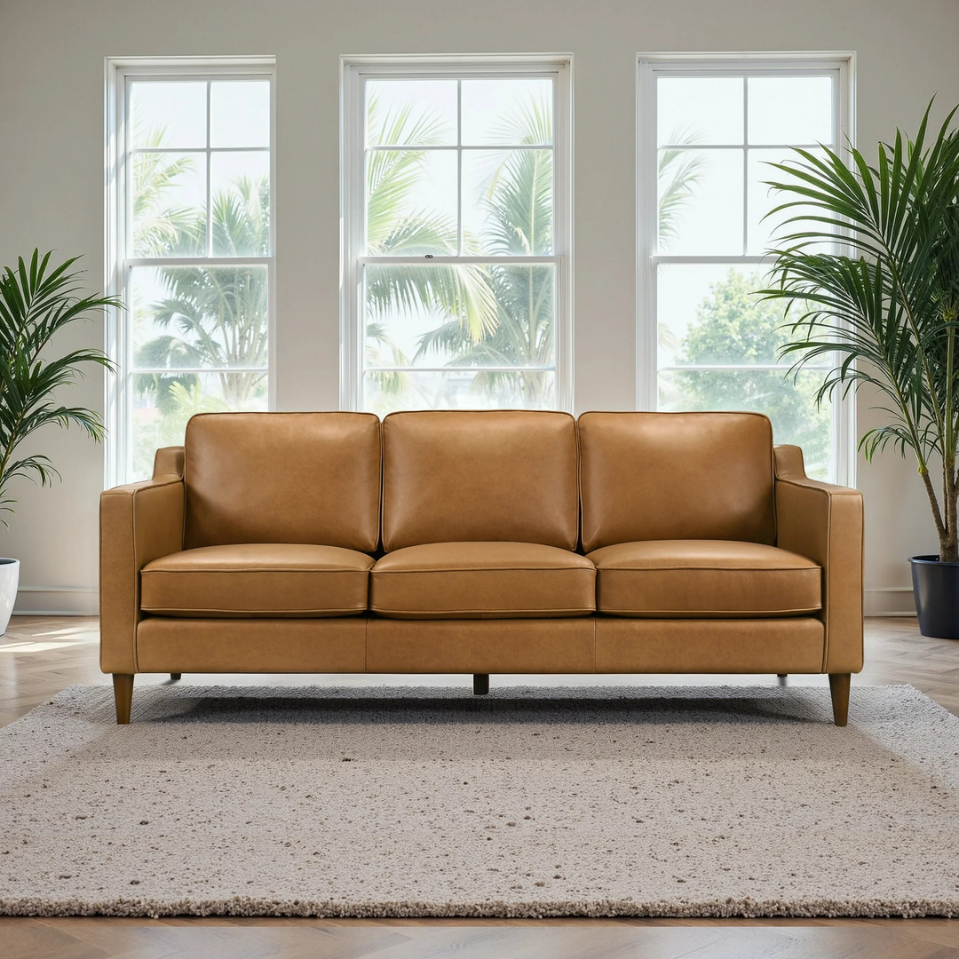 Cooper Mid Century Modern Tan Leather Sofa Front View.