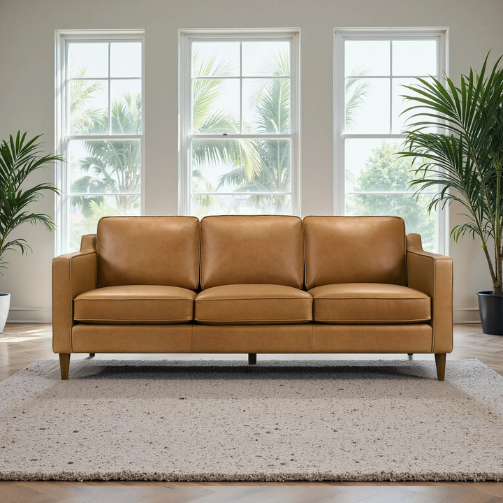 Cooper Mid Century Modern Tan Leather Sofa Front View.
