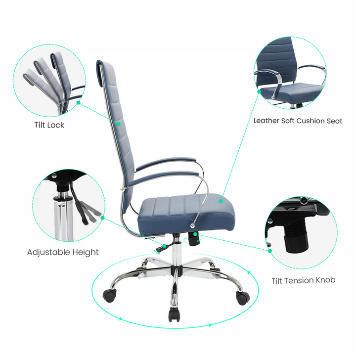 Office chair with features highlighted on a white background.