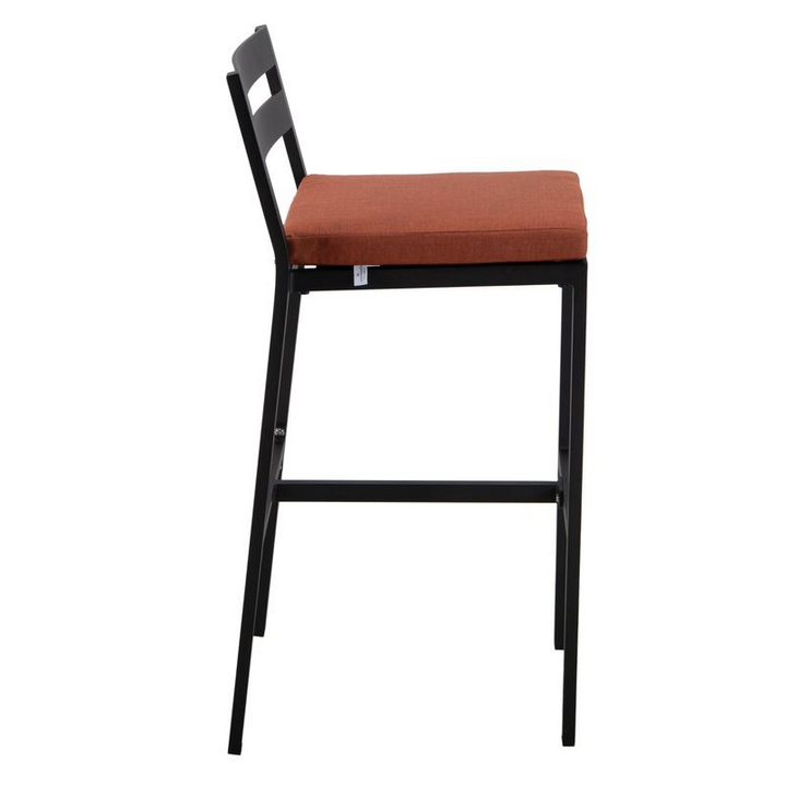 LeisureMod Chelsea Collection Modern Aluminum Outdoor Bar Chair in black with Orange Cushions Side View.