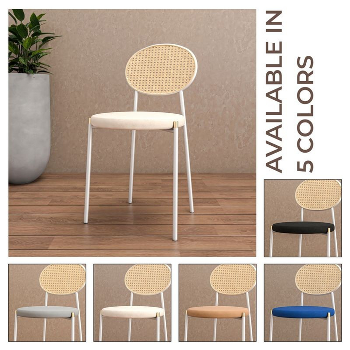 Chair with wicker backrest and white frame on a wooden floor, with color options displayed.