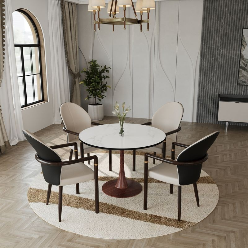 LeisureMod Bristol 40" Round Dining Table Wood Transfer Walnut Base with MDF Marbled White Top with Chairs.