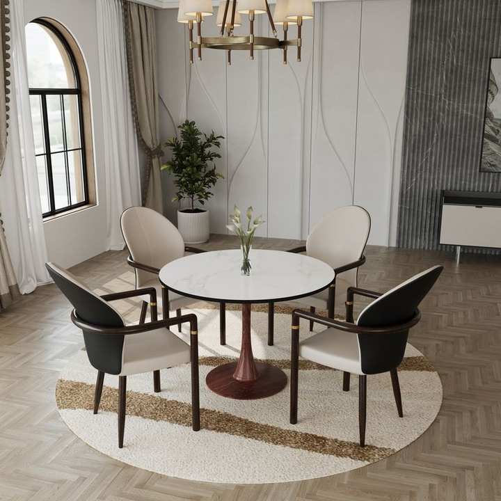 LeisureMod Bristol 40" Round Dining Table Wood Transfer Walnut Base with MDF Marbled White Top with Chairs.