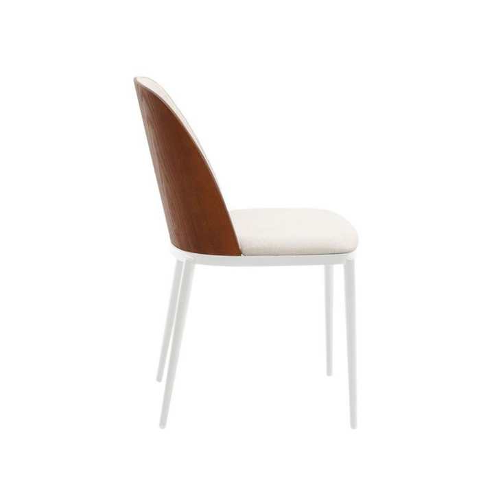 LeisureMod Tule Mid-Century Modern Fabric Dining Side Chair with White Powder-Coated Steel Frame Walnut/Beige Side View.