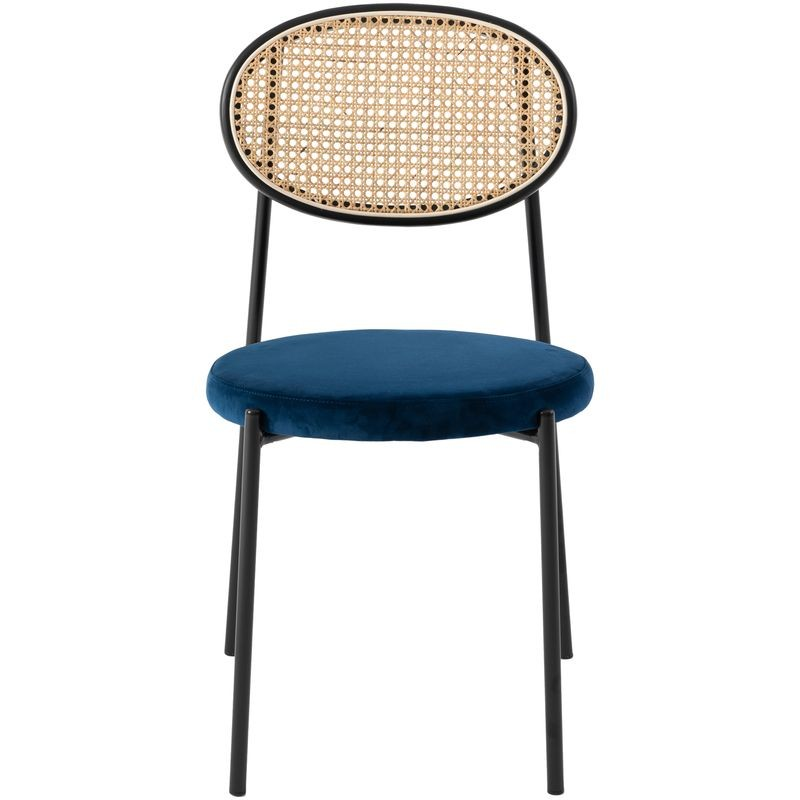 LeisureMod Euston Modern Wicker Dining Chair with Velvet Round Seat Navy Blue Front View.