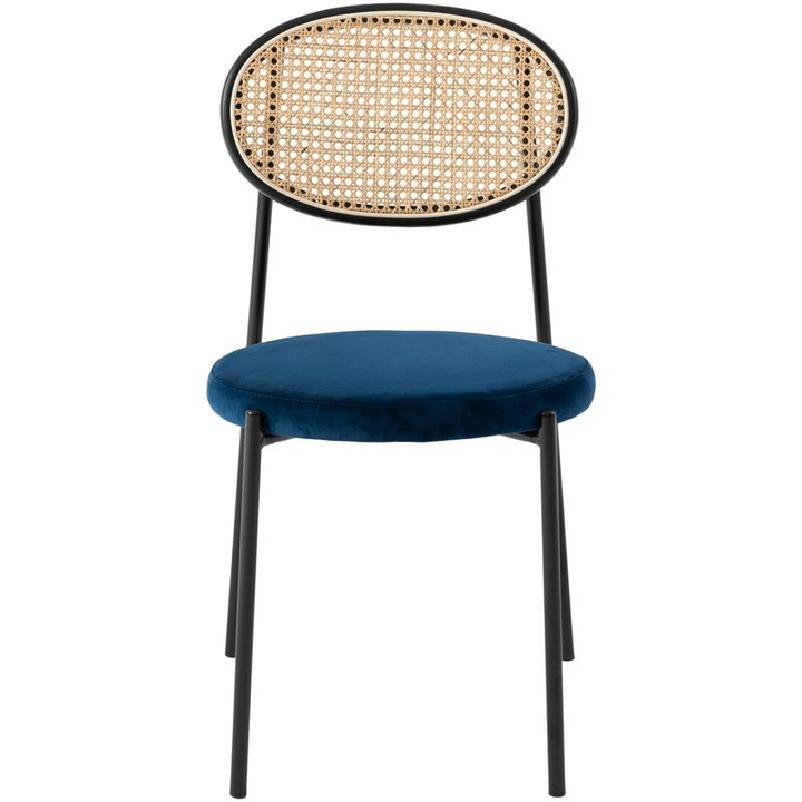LeisureMod Euston Modern Wicker Dining Chair with Velvet Round Seat Navy Blue Front View.
