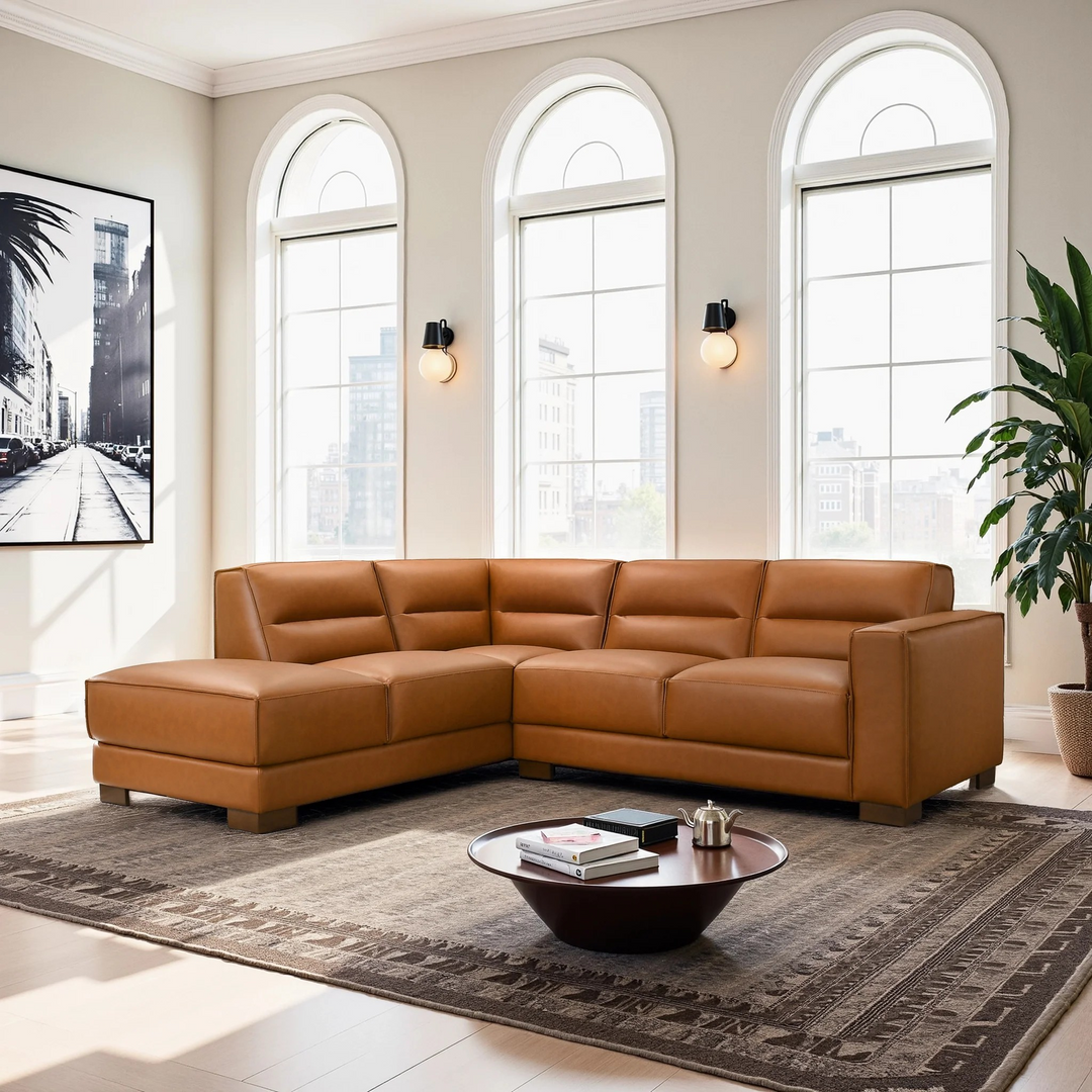 Muncie L-Shaped Sofa with Plush Cushions and Walnut Wood Legs in Living Room.