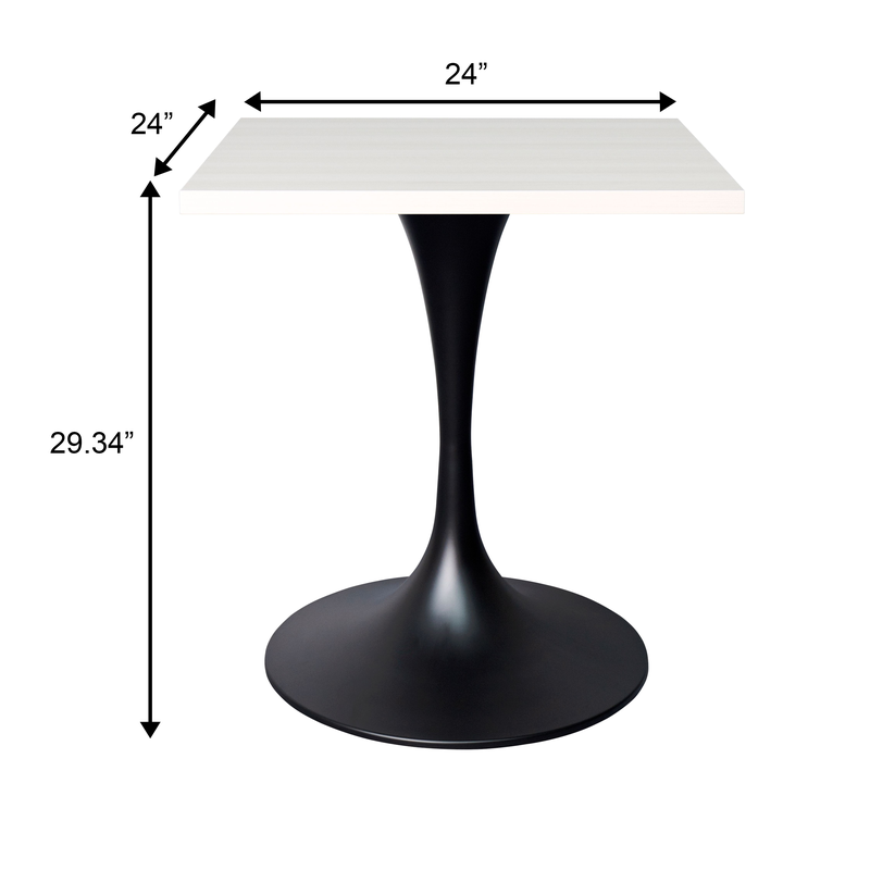 LeisureMod Verve Collection 24 Square Dining Table, Black Base with Light Natural Wood MDF Top Dimensions.
