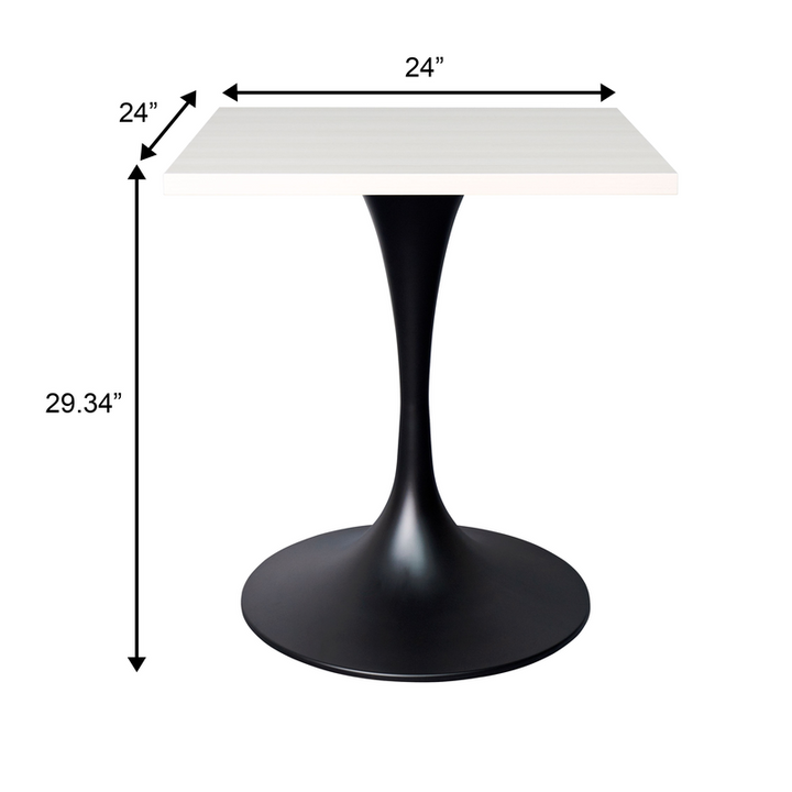 LeisureMod Verve Collection 24 Square Dining Table, Black Base with Light Natural Wood MDF Top Dimensions.