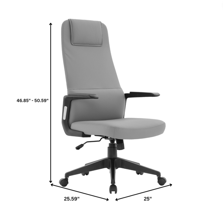Gray office chair with dimensions indicated on a white background.