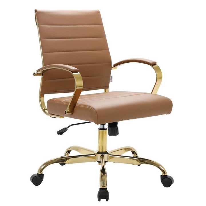 LeisureMod Benmar Home Leather Office Chair with Gold Frame Brown