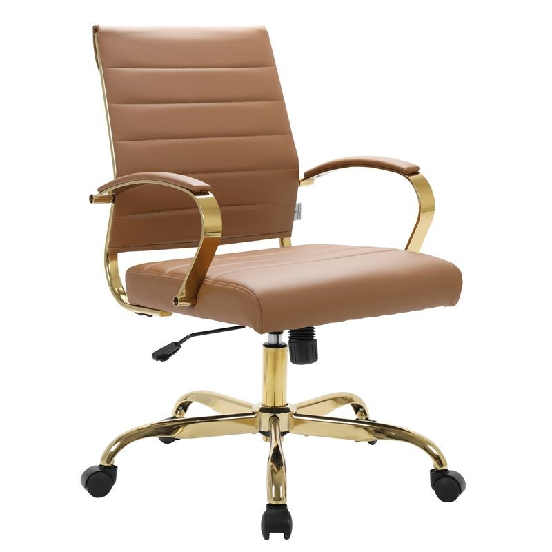 LeisureMod Benmar Home Leather Office Chair with Gold Frame Brown