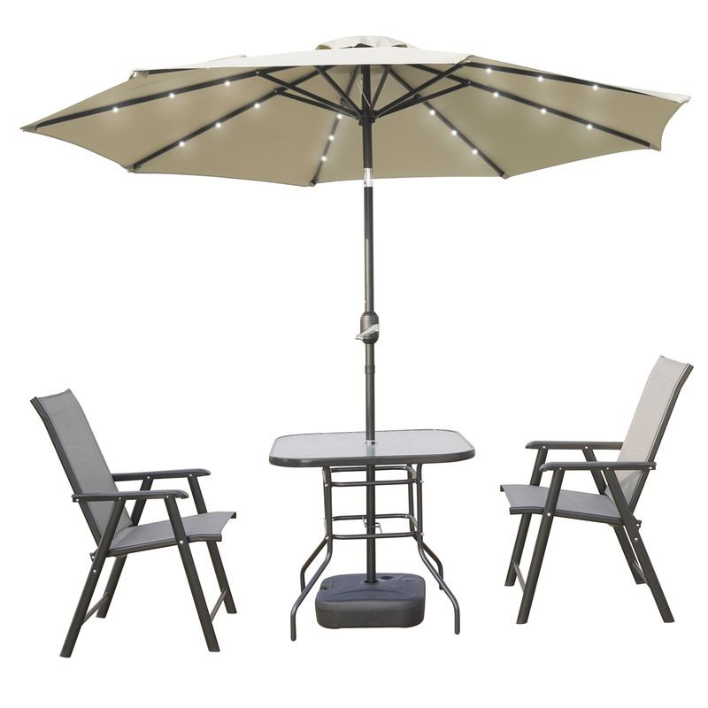 LeisureMod Sierra Outdoor Patio Umbrella with Base in Cream Photo.