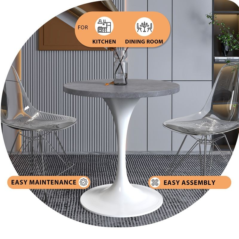 LeisureMod Verve Collection 27 Round Dining Table, White Base with Sintered Stone Grey Top Description.