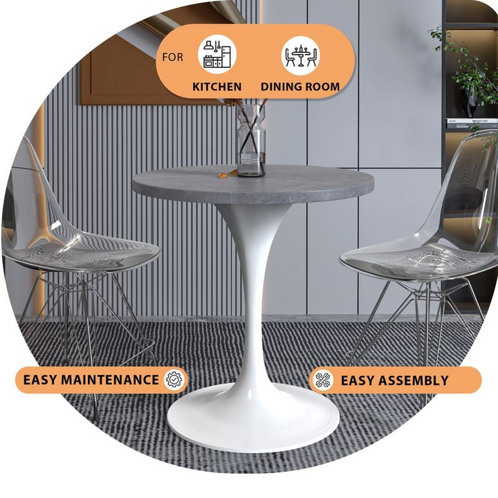 LeisureMod Verve Collection 27 Round Dining Table, White Base with Sintered Stone Grey Top Description.