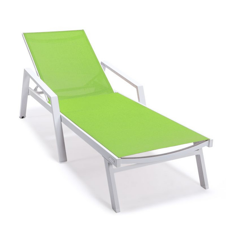 LeisureMod Marlin Patio Chaise Lounge Chair with Armrests in White Aluminum Frame Green