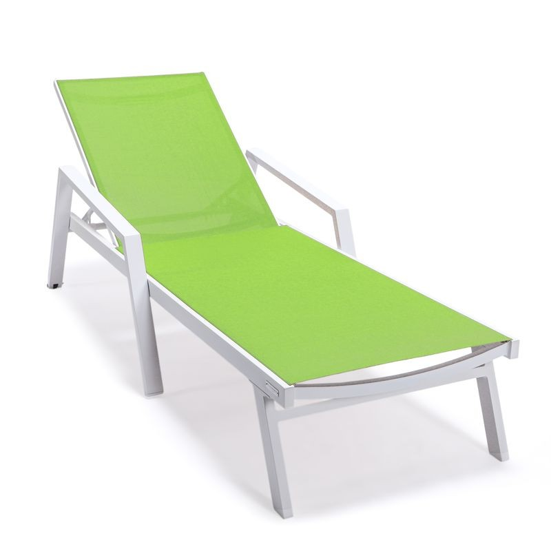 LeisureMod Marlin Patio Chaise Lounge Chair with Armrests in White Aluminum Frame Green