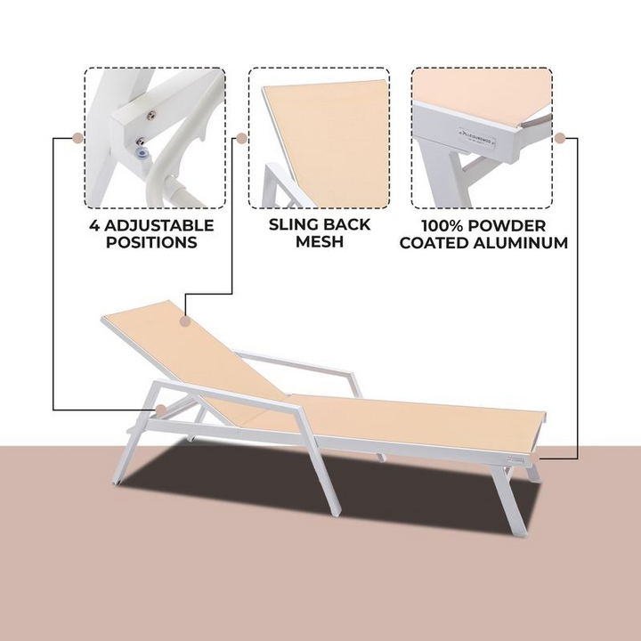 LeisureMod Marlin Patio Chaise Lounge Chair with Armrests in White Aluminum Frame Light Brown Details.