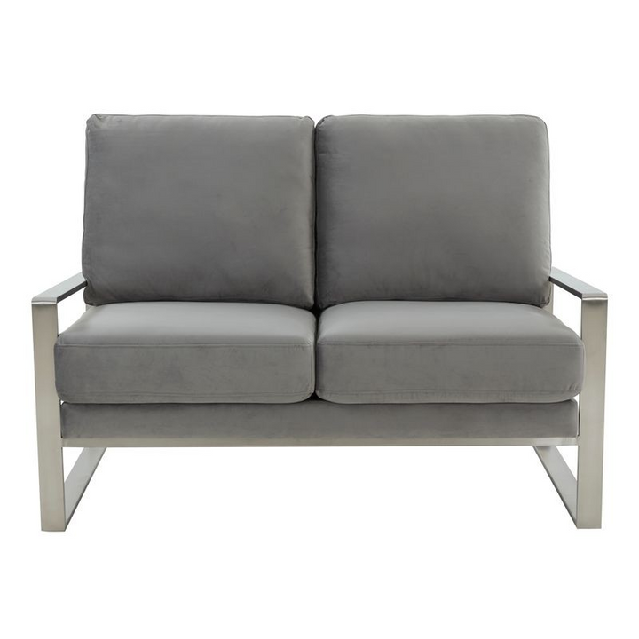 Leisuremod Jefferson Contemporary Modern Velvet Loveseat with Silver Frame Light Grey Front.
