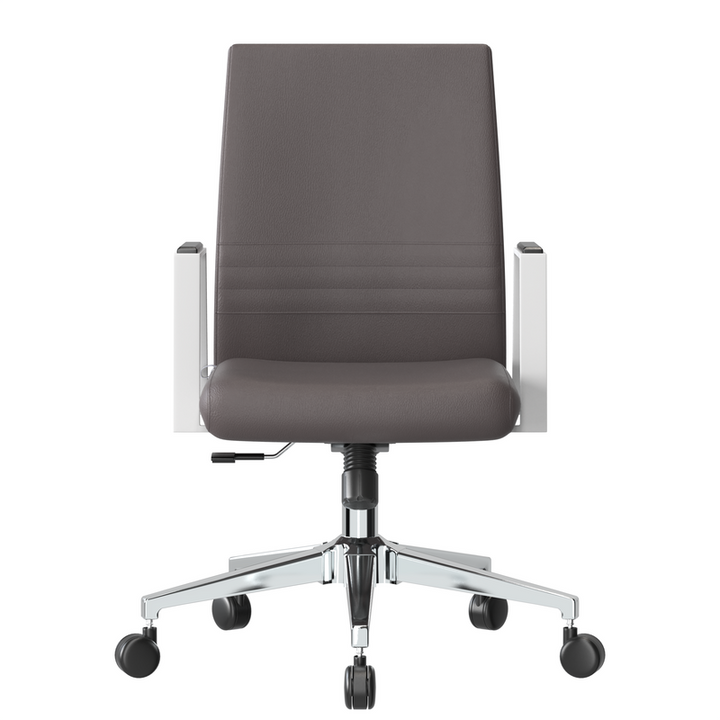 LeisureMod Aleen Office Chair in Upholstered Leather and Iron Frame with Swivel and Tilt in Grey Front View.