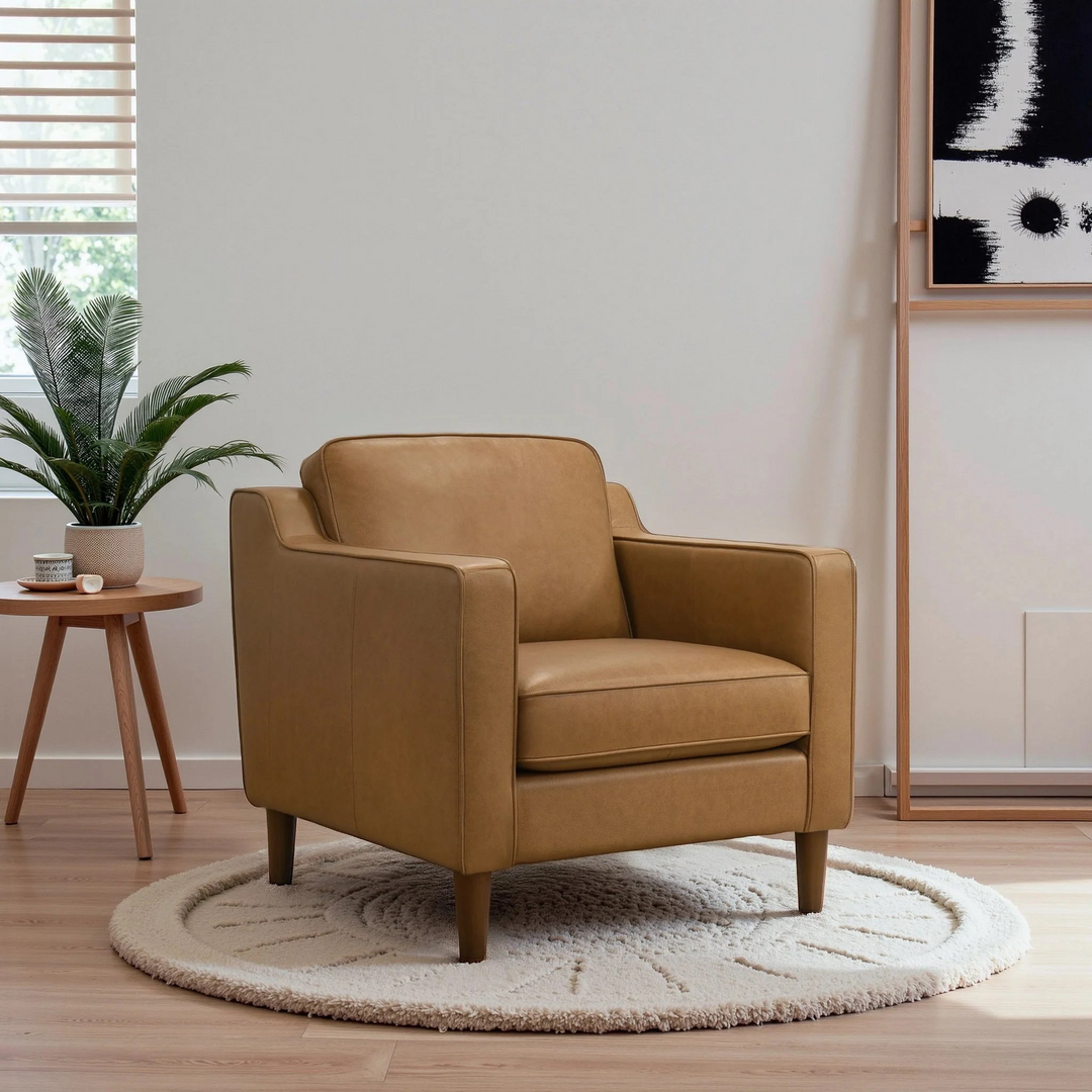 Cooper Tan Leather Lounge Chair in Room.