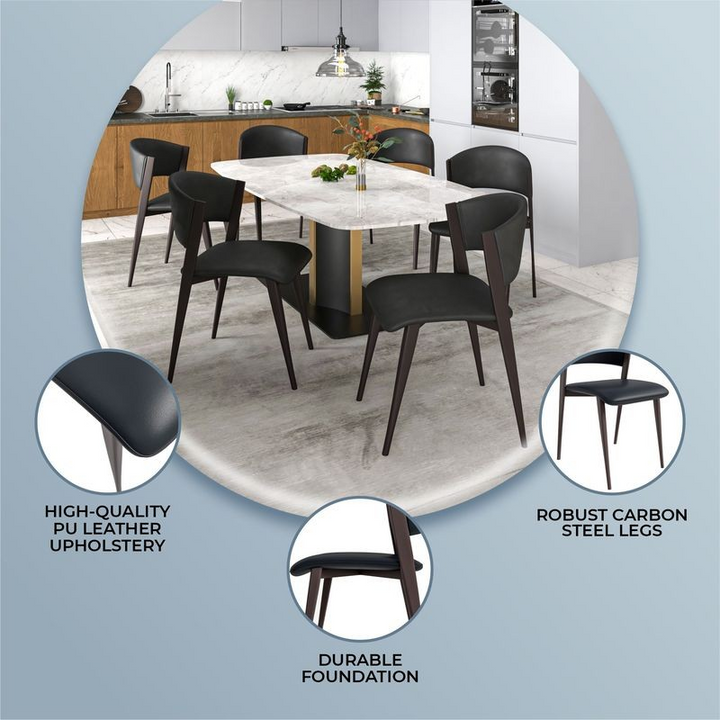 Dining table set with chairs in a kitchen setting, highlighting features like high-quality PU leather upholstery and robust carbon steel legs.