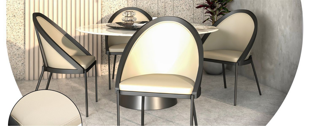 LeisureMod Urbane Collection Modern Dining Chair in Taupe at Table.