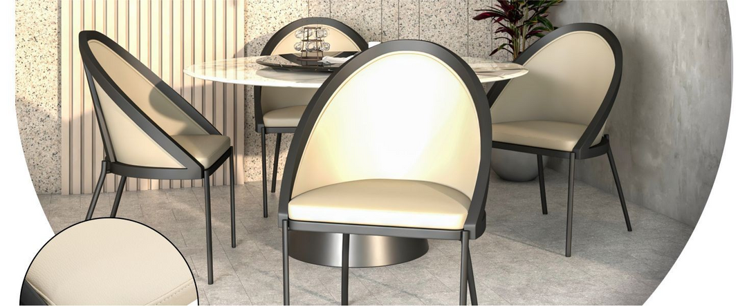 LeisureMod Urbane Collection Modern Dining Chair in Taupe at Table.