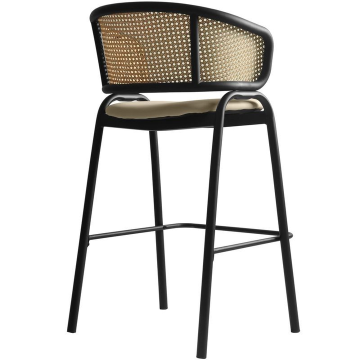 LeisureMod Ervilla Wicker Bar Stool with Fabric Seat and Black Steel Frame in Taupe Back View.