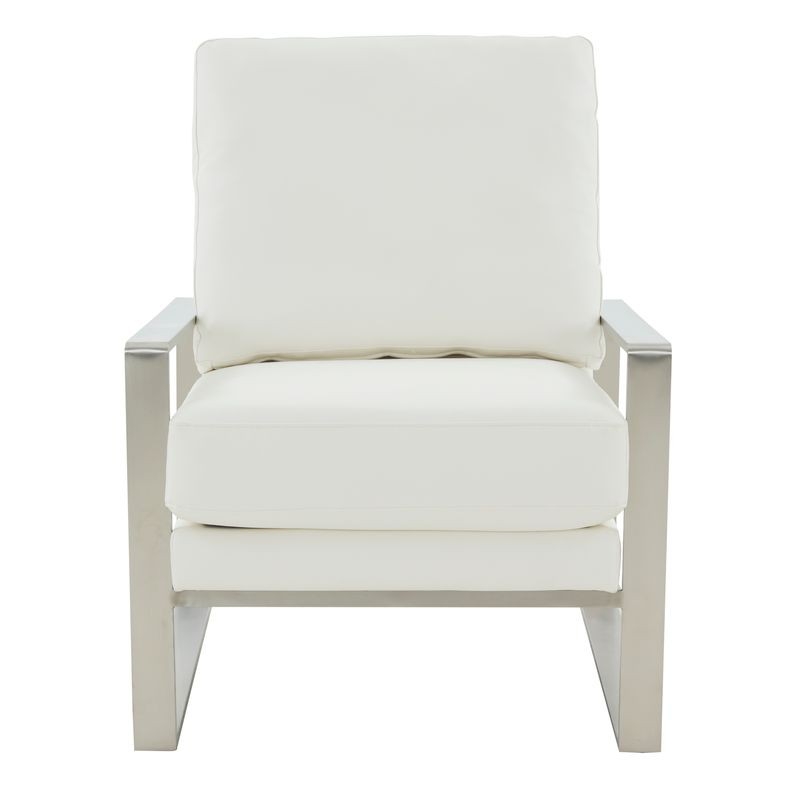 LeisureMod Jefferson Faux Leather Modern Design Accent Armchair with Elegant Silver Frame White Front.