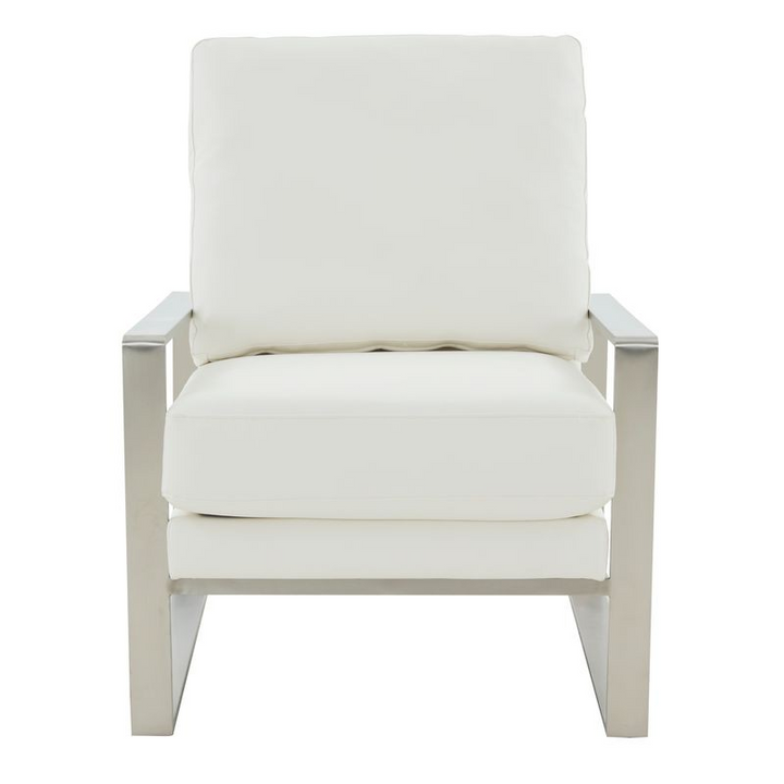 LeisureMod Jefferson Faux Leather Modern Design Accent Armchair with Elegant Silver Frame White Front.
