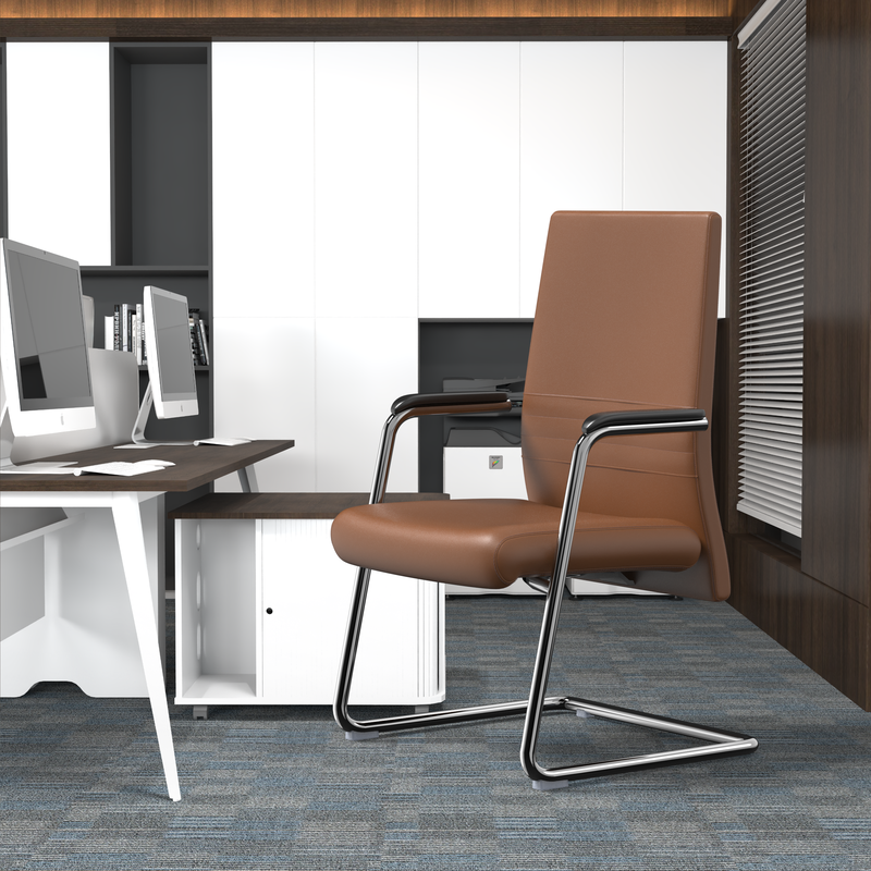 LeisureMod Aleen Series Guest Office Chair in Dark Brown Leather at Desk.