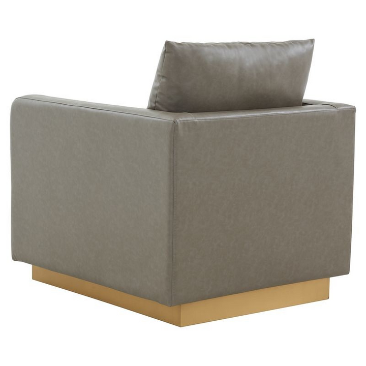 LeisureMod Nervo Faux Leather Accent Armchair with Gold Frame Grey Back View.
